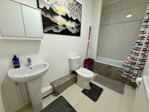 Een haardroger, handdoeken, zeep, toiletpapier