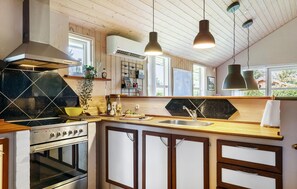 Fridge, stovetop, dishwasher, coffee/tea maker