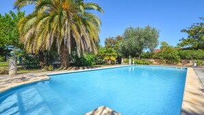 A rectangular swimming pool with clear blue water, surrounded by lush greenery and palm trees. - Awesome home in Moriani plage with outdoor swimming pool (Moriani plage)