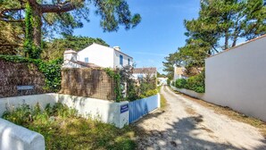 Un carrer estret i sense asfaltar, amb edificis residencials, una tanca blava i vegetació.