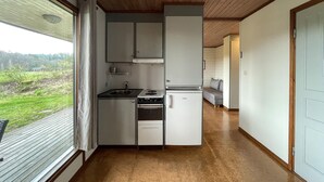 Eine kompakte Küche mit Spüle, Herd und Kühlschrank, einer Holzbalkendecke und Blick auf eine grüne Landschaft durch ein Fenster.