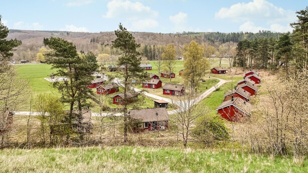 Ein ländliches Dorf mit roten Häusern, grünen Feldern und einem bewaldeten Hügel im Hintergrund.
