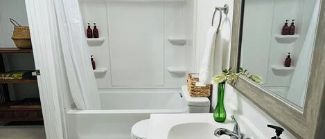 Hair dryer, towels, soap, toilet paper