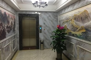 Een lift in een hal met marmeren wanden en een groot muurschildering.