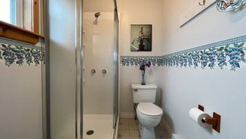 Douche, séchoir à cheveux, serviettes fournies, savon