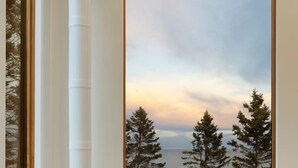Una habitación acogedora con chimenea, un sillón cómodo y un amplio ventanal con vistas a árboles y al cielo.