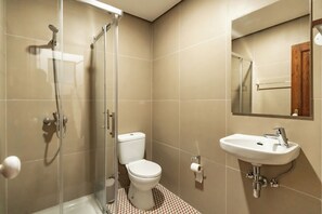 Ducha, secador de pelo, toallas, papel higiénico