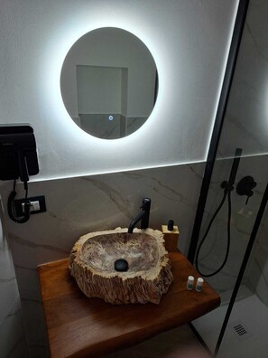 Hair dryer, bidet, towels, soap
