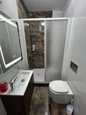 Douche, séchoir à cheveux, serviettes fournies, savon
