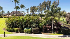 A well-maintained golf course with manicured lawns, palm trees, and a variety of shrubs. - Newly Remodeled!! 2BR, Pools & hot tubs, Golf View (Waikoloa Village)