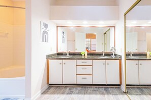 Hair dryer, towels, soap, shampoo