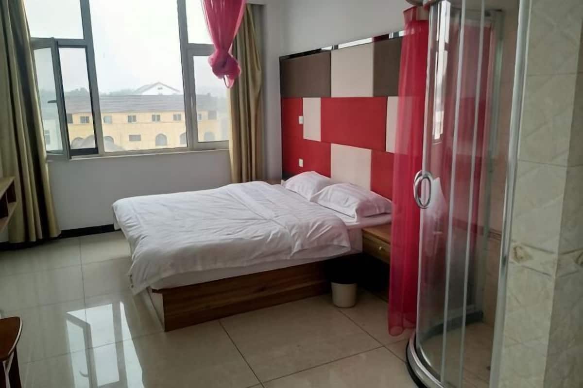Une chambre d’hôtel avec un lit, une douche et une fenêtre avec des rideaux.