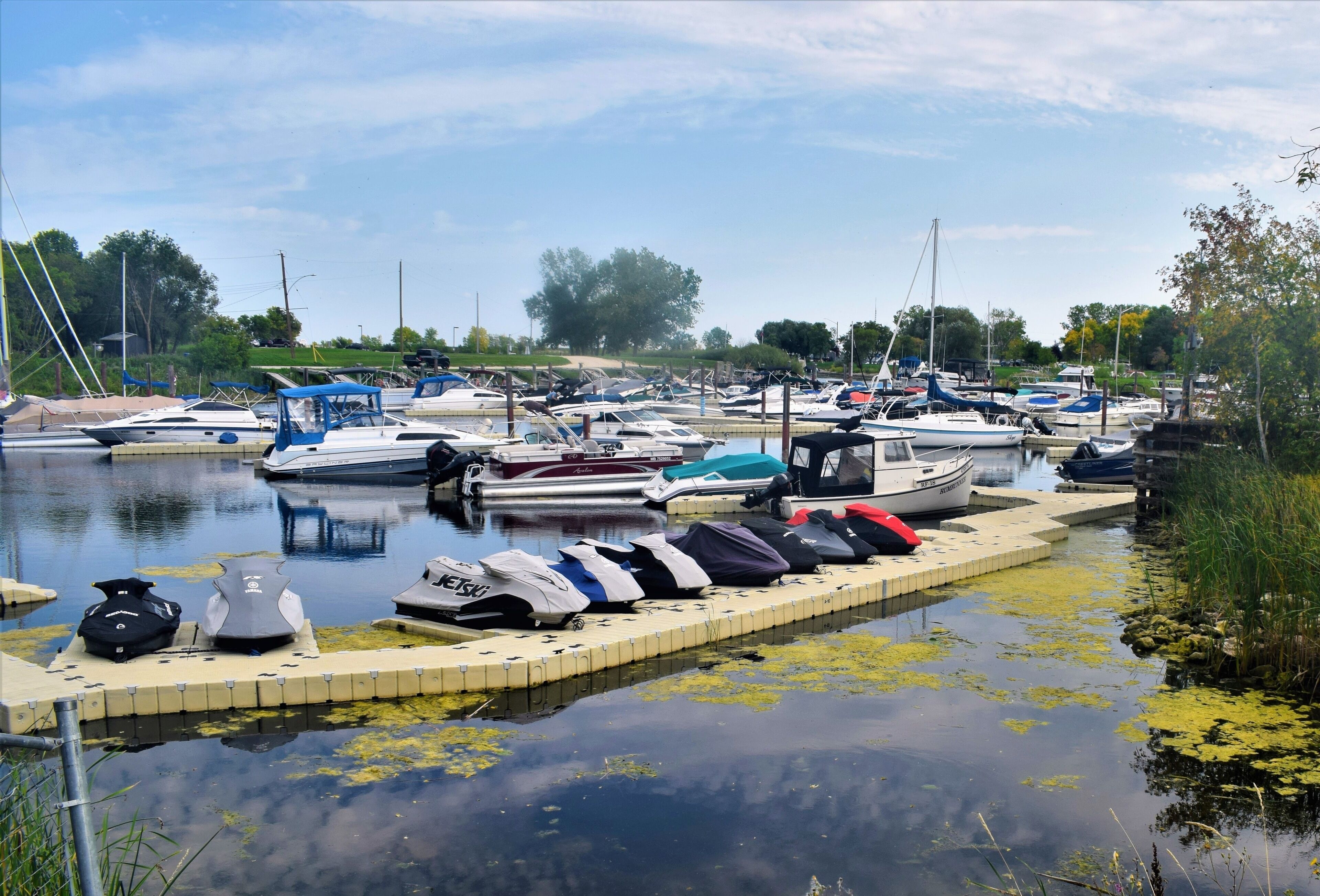 A marina with boats docked along the water's edge, featuring a small dock area with bags and gear.