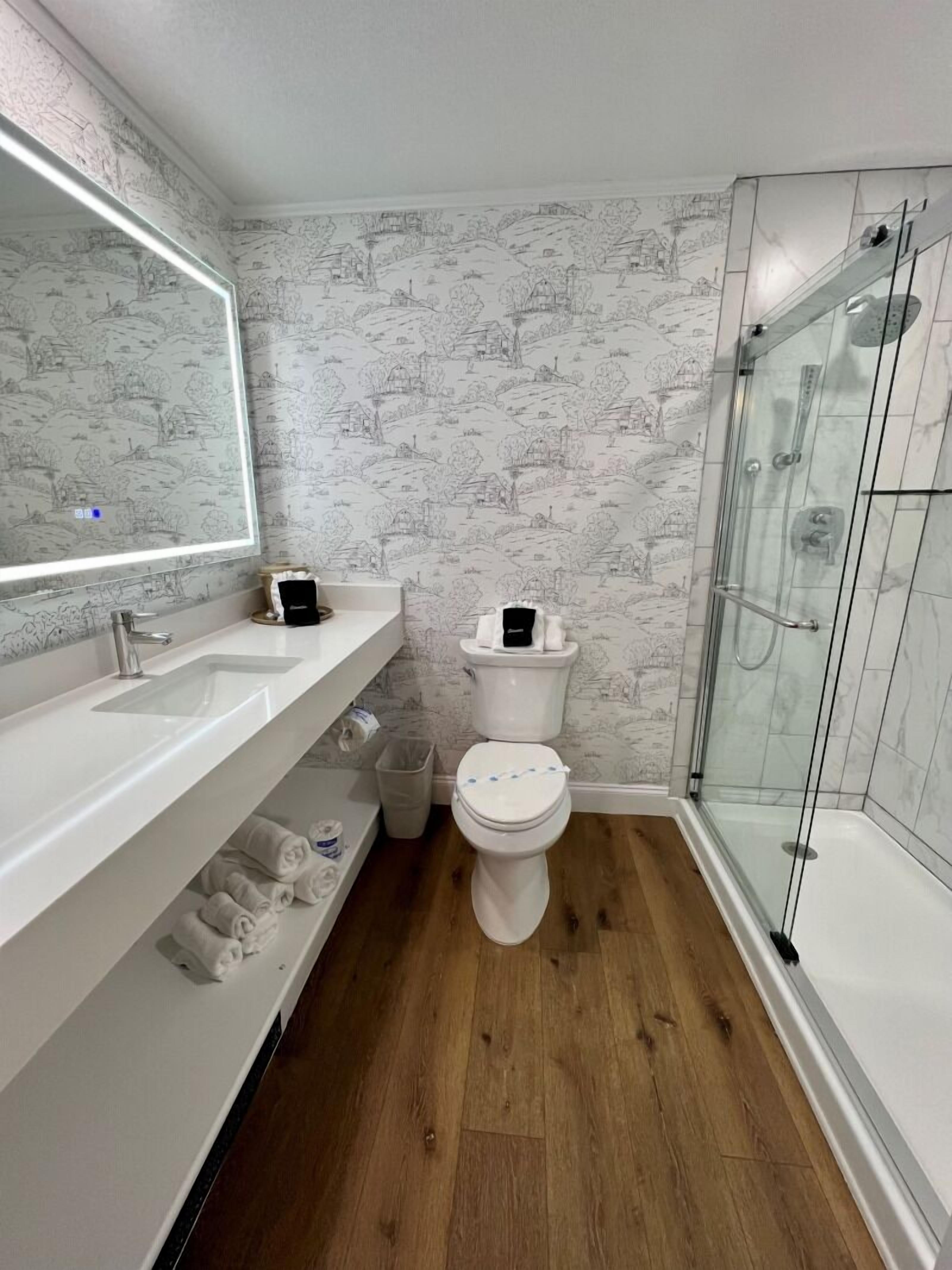 A modern bathroom with a vanity, toilet, and glass shower enclosure.