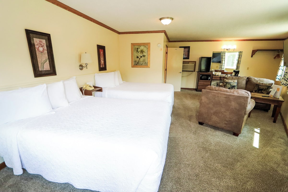Habitación de hotel con dos camas, un sofá, un televisor y un escritorio.