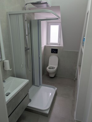 Hair dryer, towels, soap, toilet paper