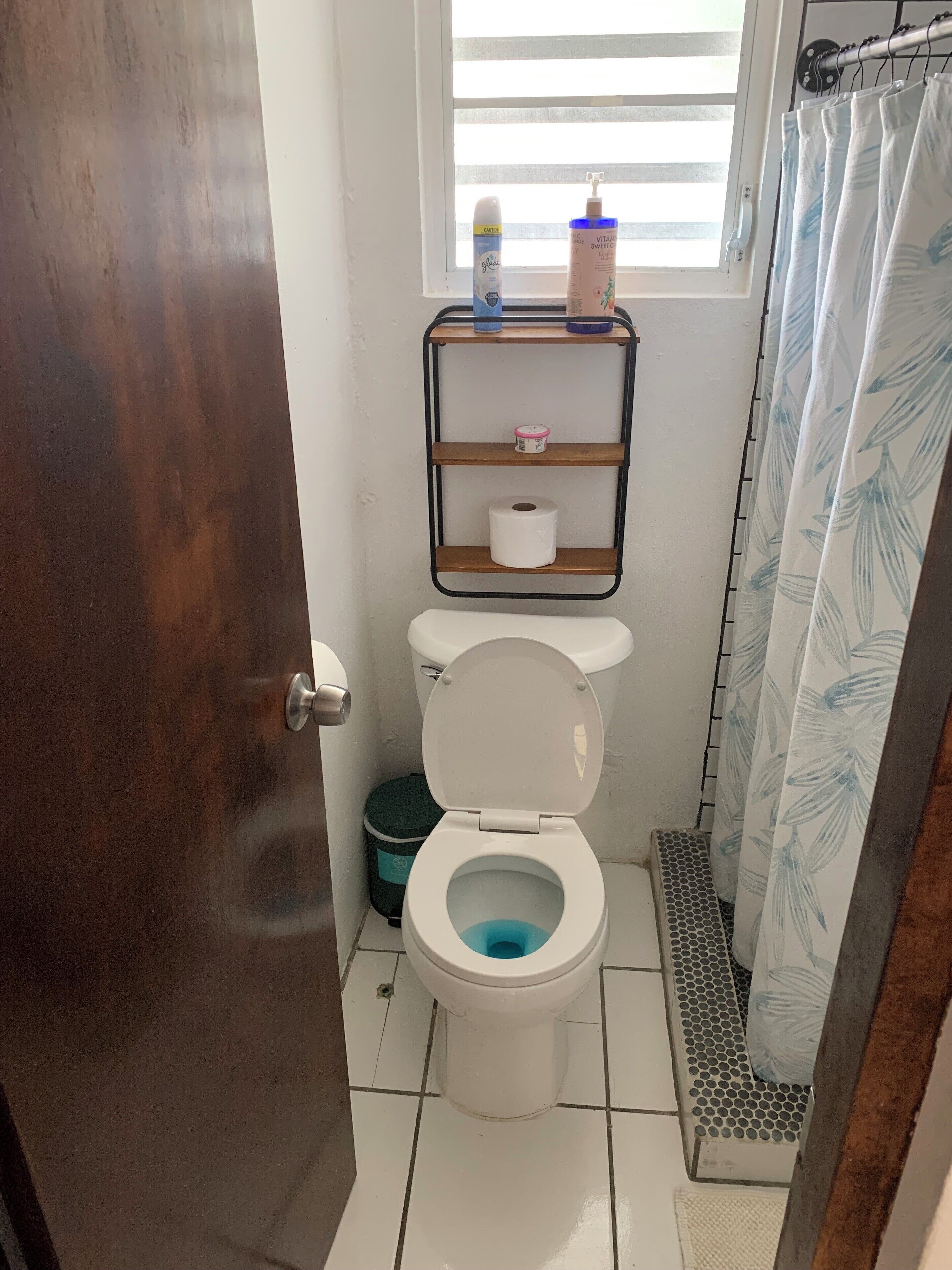 A small bathroom with a toilet, a shelf with toiletries, and a shower curtain.