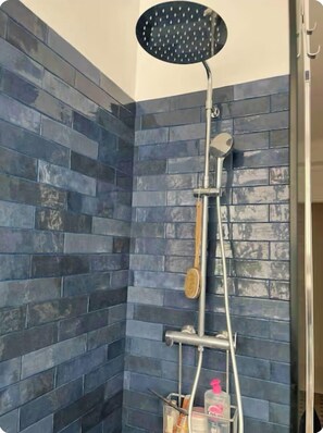 Shower, hair dryer, towels, soap