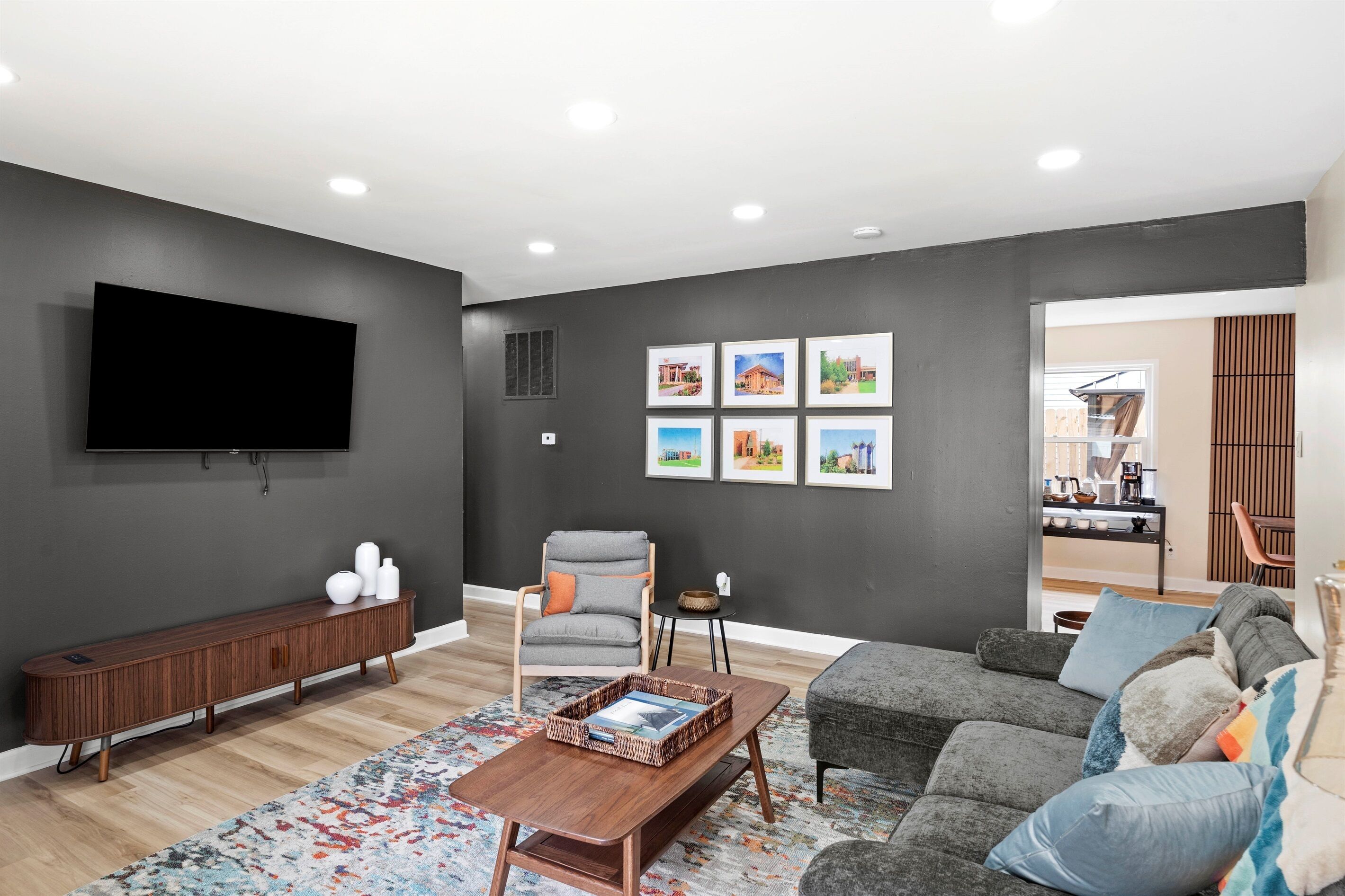 Smart TV, fireplace, table football, books