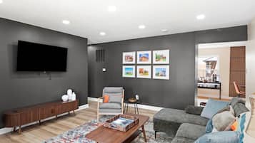 Smart TV, fireplace, table football, books