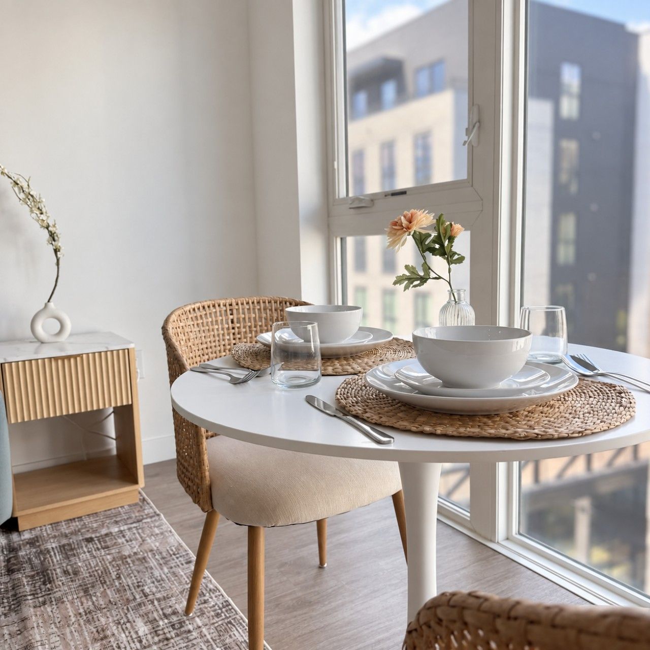 A dining area with a round table set for two, including plates, bowls, cutlery, and glasses. There is a wicker chair and a small vase with flowers on the table.