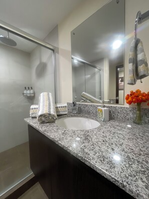 Shower, hair dryer, towels, soap