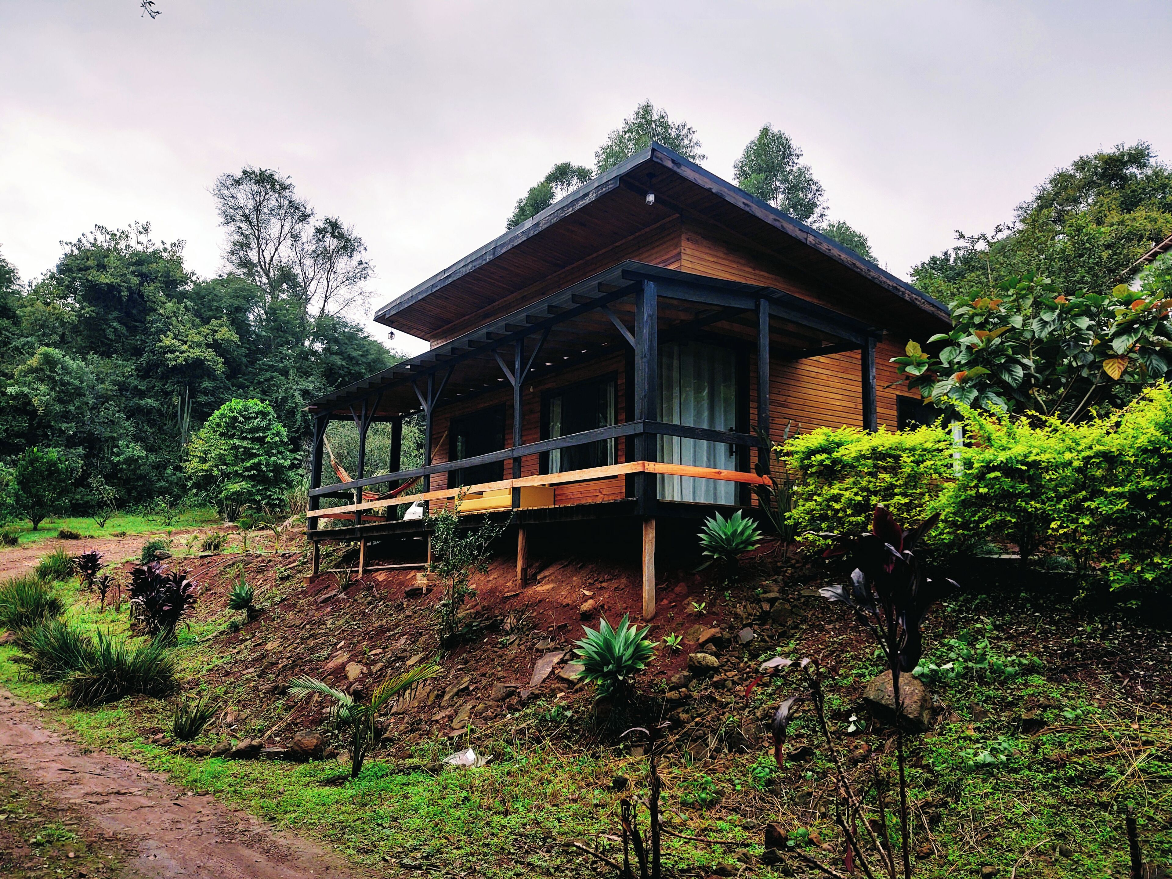 Uma cabana de madeira com varanda, rodeada por vegetação exuberante e árvores.