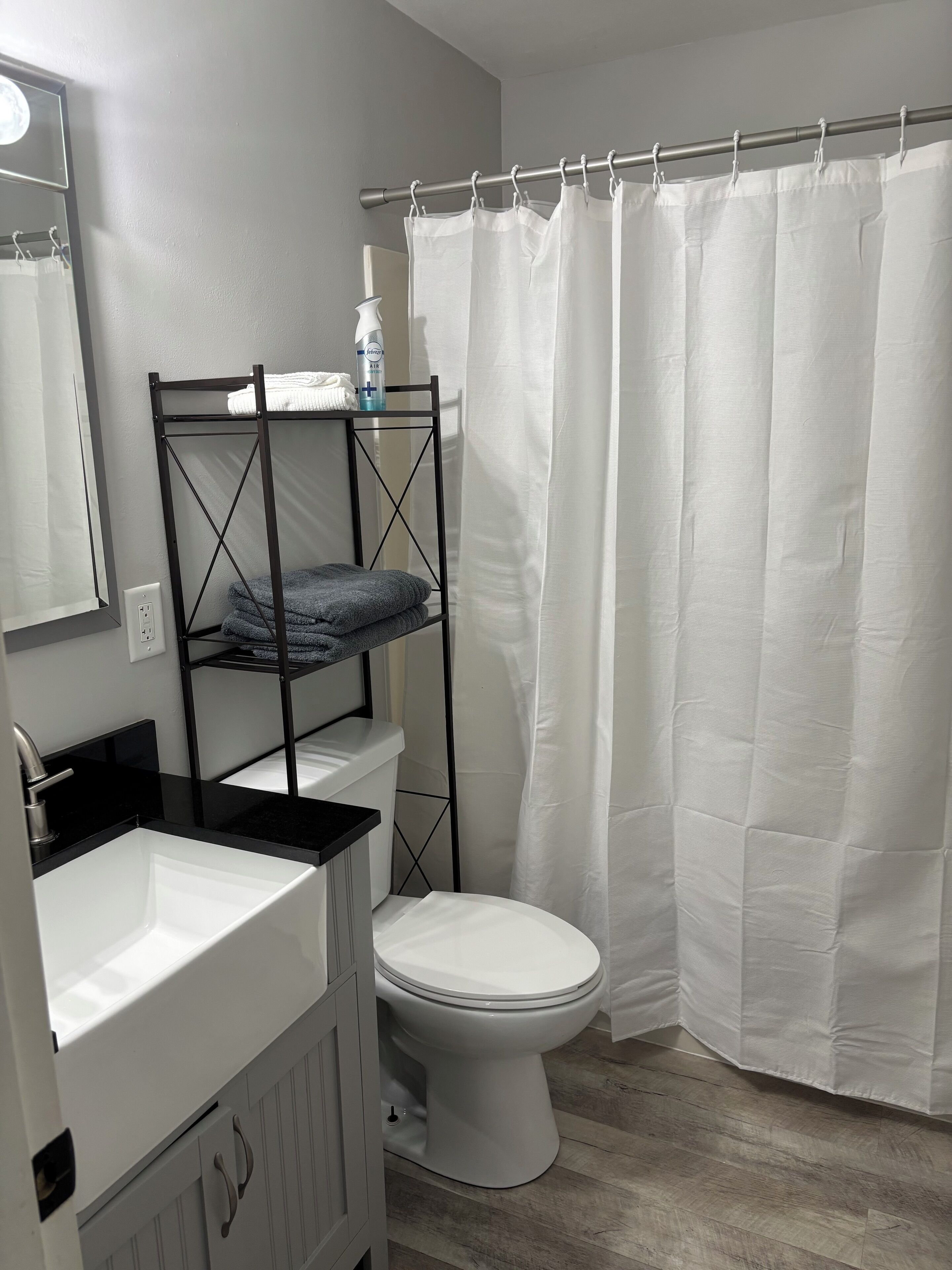 Hair dryer, towels, soap, toilet paper