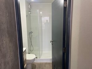 Shower, towels, soap, toilet paper