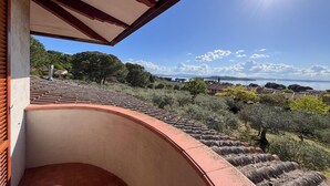 Una terraza con vistas al mar y la vegetación circundante.