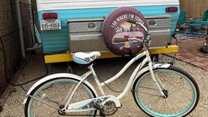 En hvid autocamper med teksten "Evelyn Mae" på bagsiden, en ældre nummerplade og et rum til motorcykelopbevaring.