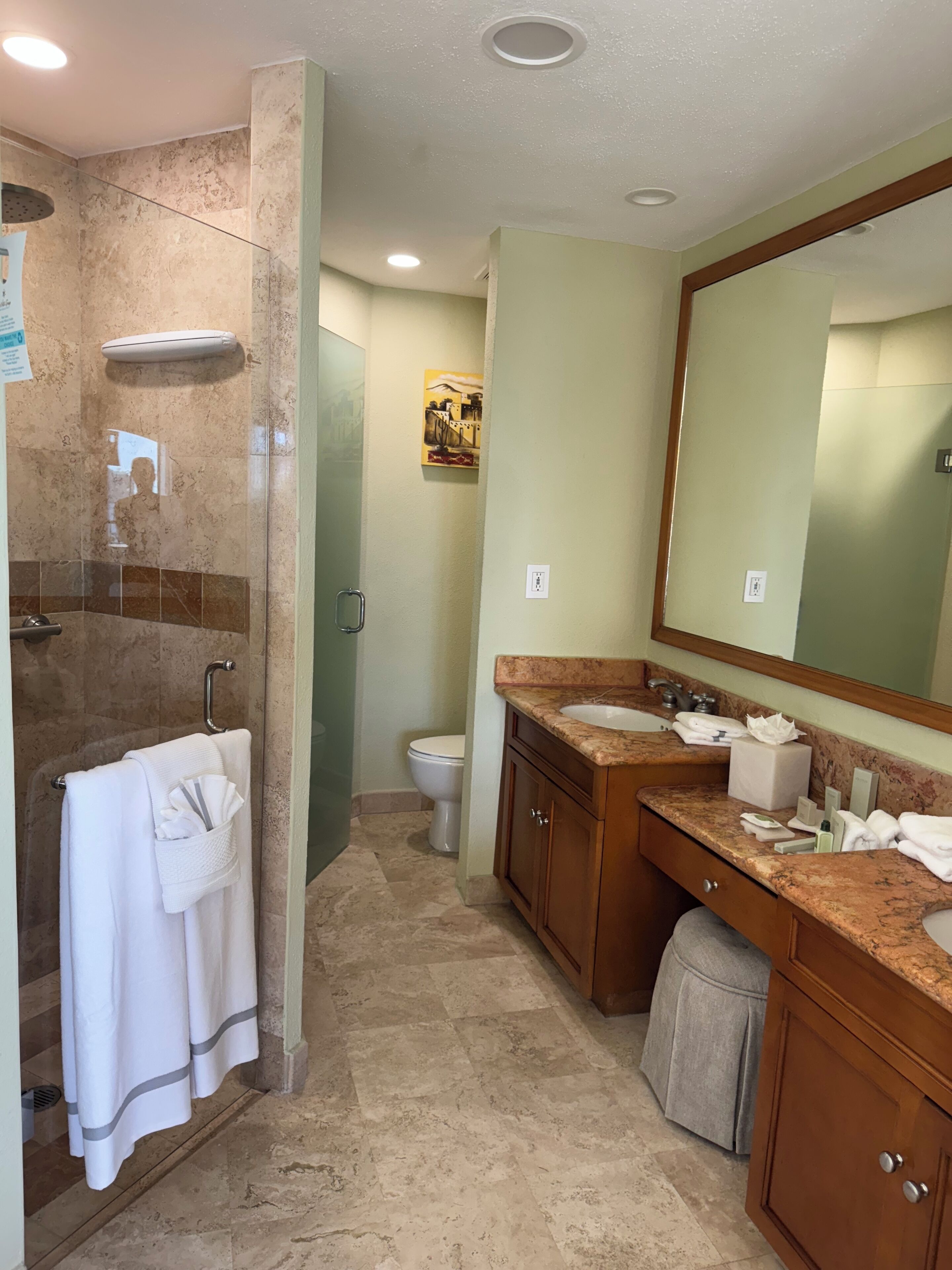 A bathroom with a shower, toilet, and sink area.