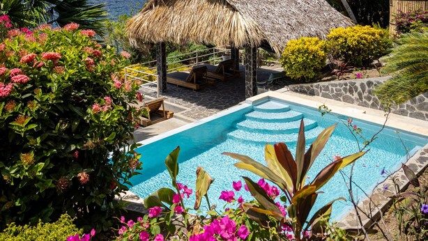 A pool area with a thatched-roof structure, surrounded by tropical plants and a view of the sea.