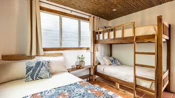 A room with a bunk bed, a window with blinds, a bedside table with a plant, and a patterned rug.