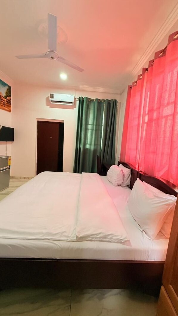 Un dormitorio con cama, ventilador de techo, aire acondicionado, televisor y una puerta.