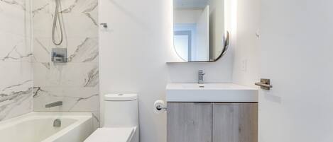 Hair dryer, towels, soap, toilet paper