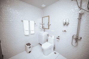 Hair dryer, towels, soap, toilet paper