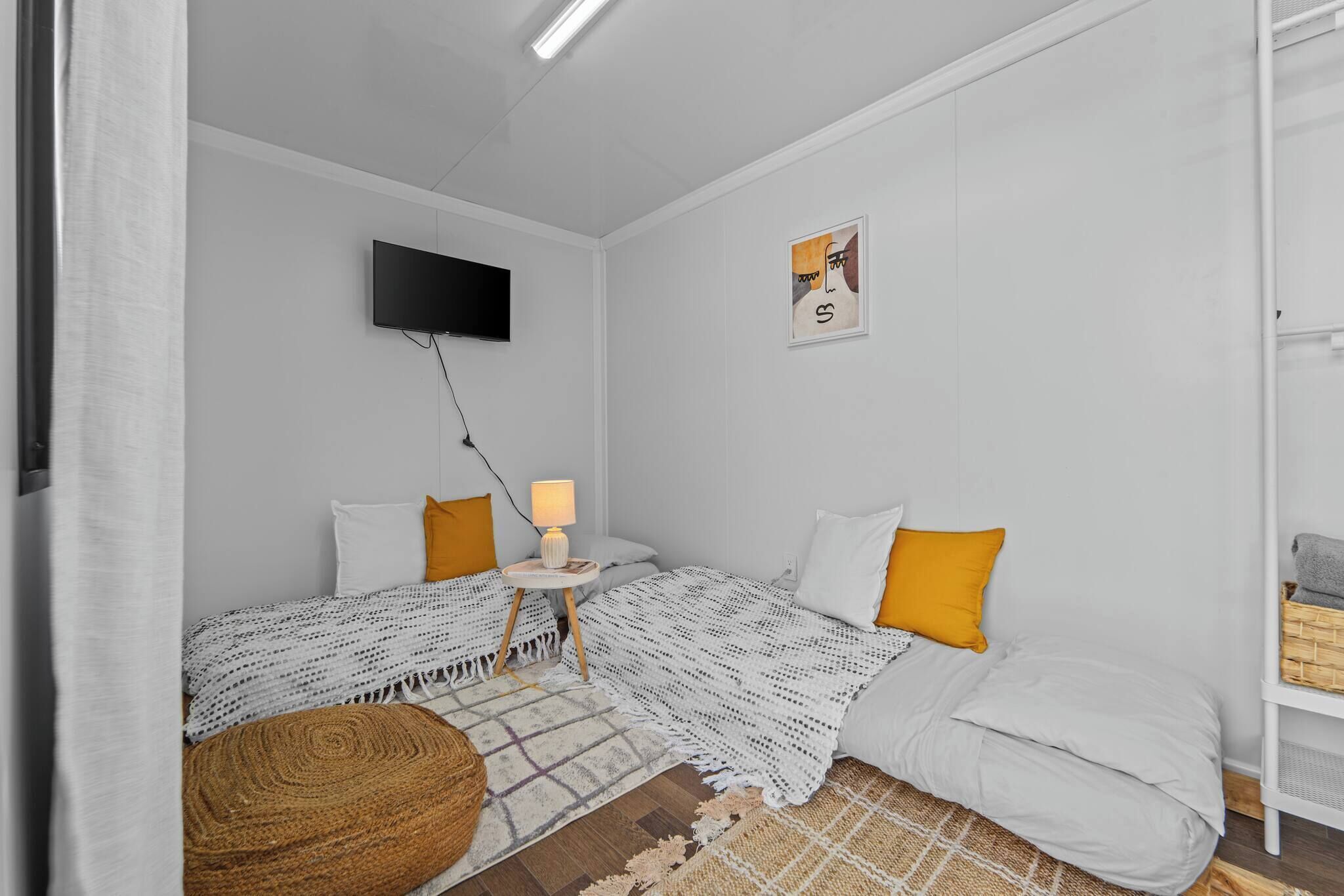 A bedroom with two beds, a television, a lamp, and a framed picture on the wall.