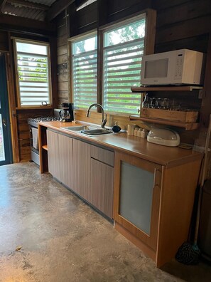 Fridge, microwave, stovetop, coffee/tea maker