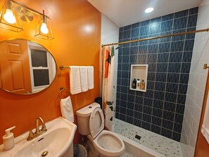 Shower, hair dryer, towels, soap