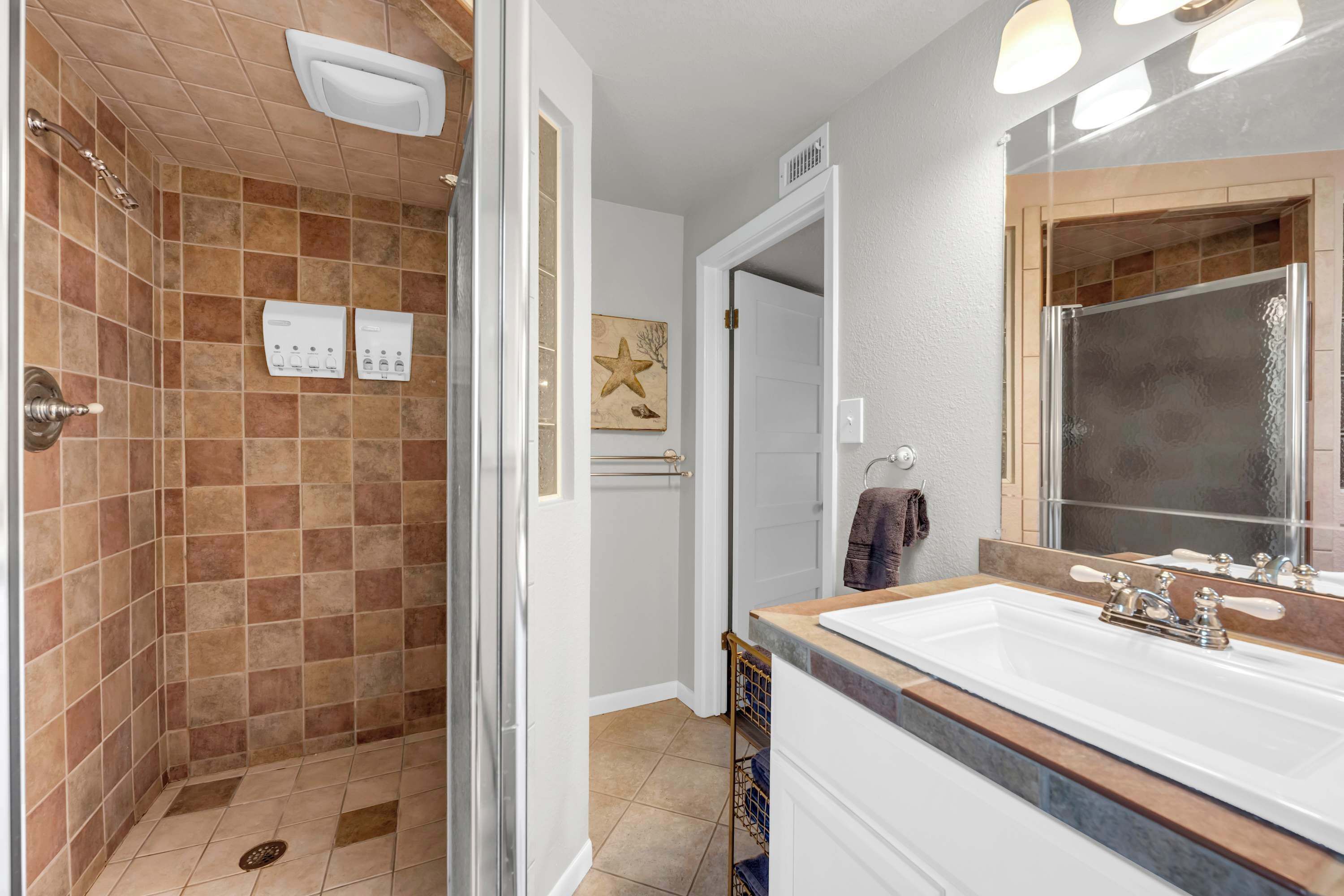 A bathroom with a shower, a sink, and a mirror.