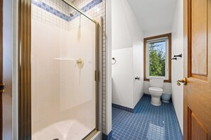 Shower, hair dryer, towels, toilet paper