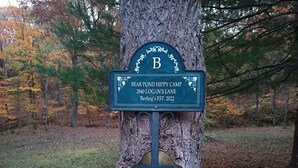 Une pancarte indiquant l’emplacement du « Bear Pond Hippie Camp », avec une boîte aux lettres fixée à un arbre.