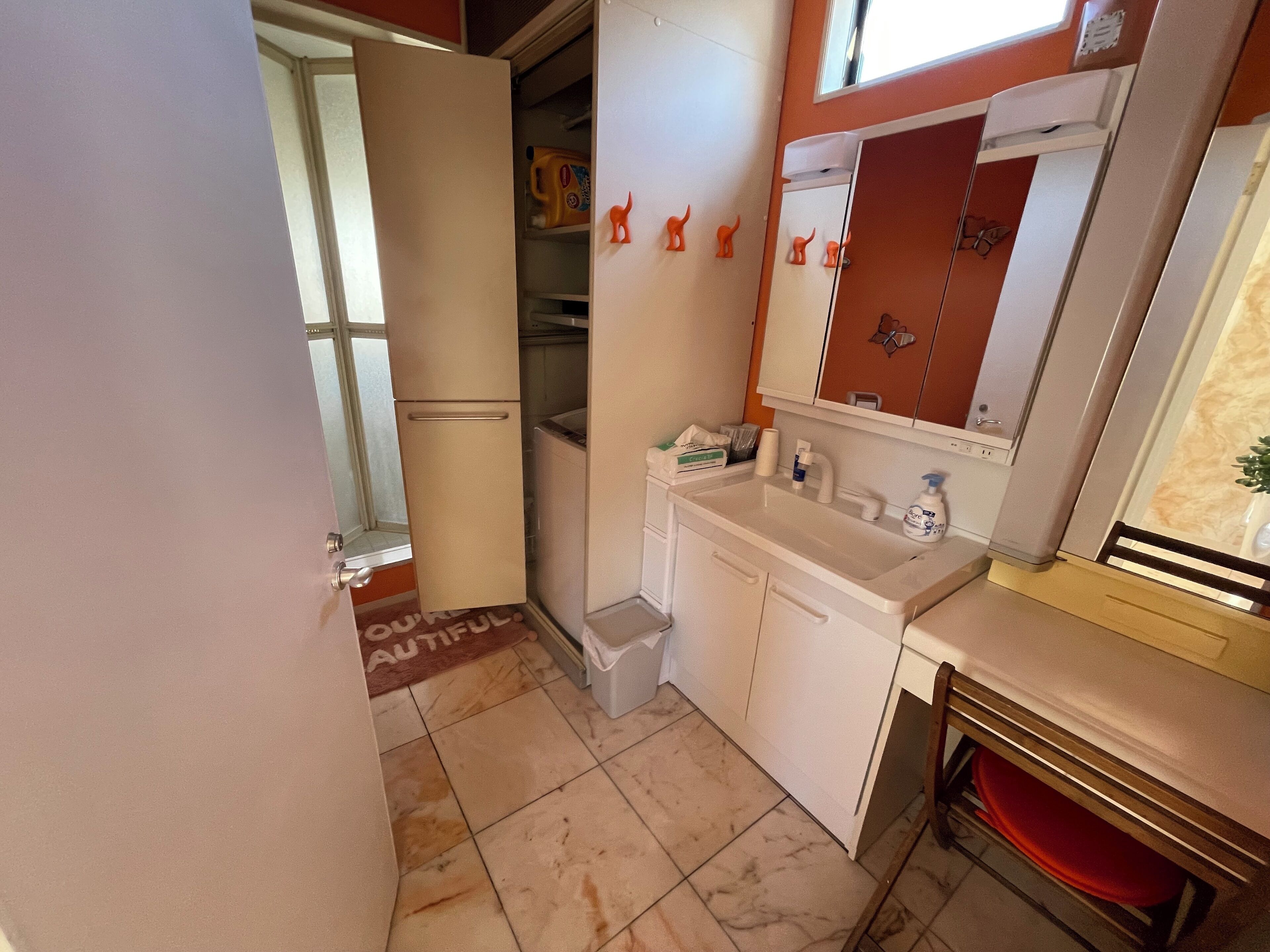 Hair dryer, towels, soap, shampoo