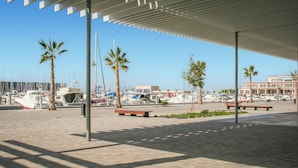 A marina with boats, palm trees, and a covered walkway. - Beautiful apartment in Santa Pola with WiFi (Santa Pola)