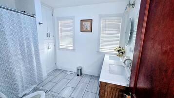Hair dryer, towels, soap, toilet paper