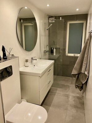 Shower, hair dryer, towels, soap