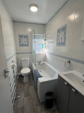 Hair dryer, towels, soap, toilet paper