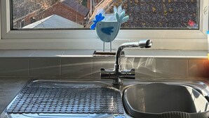Una cocina con vista a una casa por la ventana, y un adorno de pájaro en el alféizar.