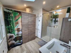 Shower, hair dryer, towels